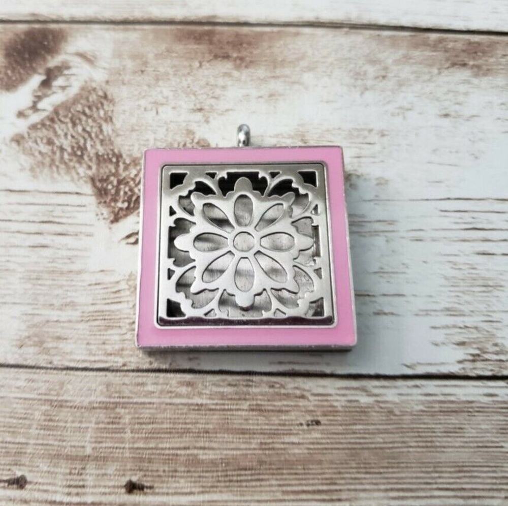 Pink & Silver Tone Square Locket / Pendant - No Chain Included